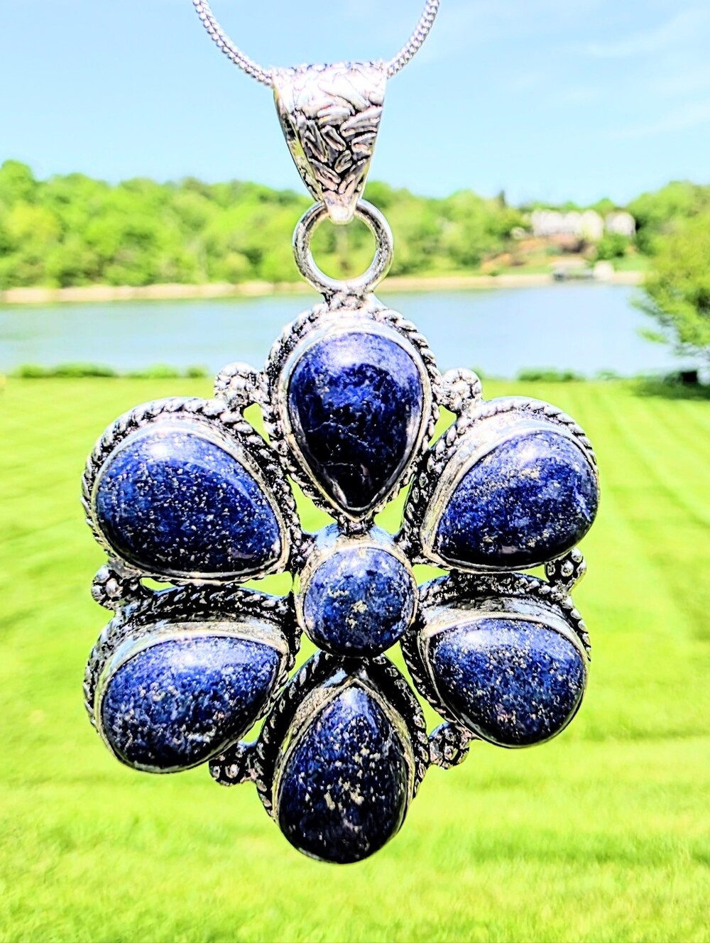 Lapis Lazuli Gemstone Pendant In 925 Sterling Silver (2.25")